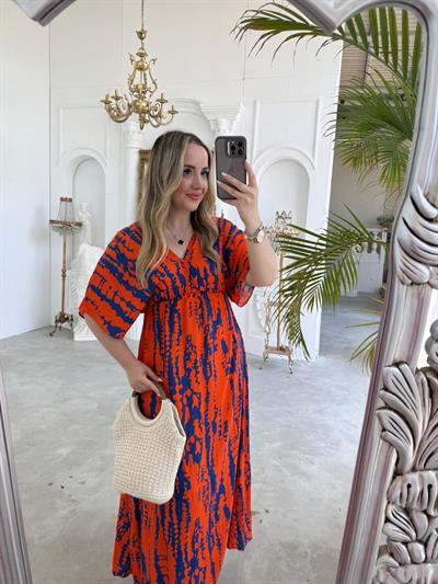 Serena Yırtmaçsiz Maxi Boy Turuncu-Mavi Desenli Elbise