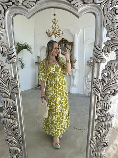 Serena Yırtmaçsiz Maxi Boy  Yağ Yeşili Desenli Elbise