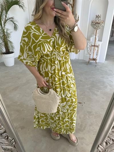 Serena Yırtmaçsiz Maxi Boy  Yağ Yeşili Desenli Elbise