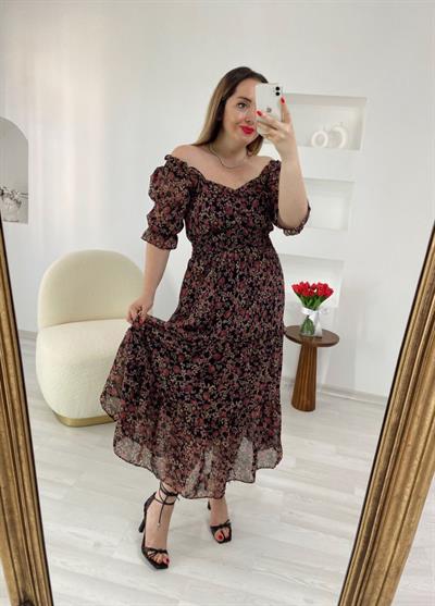 Şifon Beli Lastikli  Romantik Elbise
