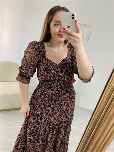 Şifon Beli Lastikli  Romantik Elbise