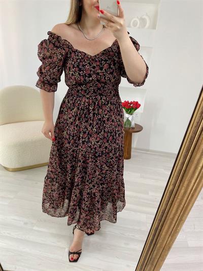 Şifon Beli Lastikli  Romantik Elbise