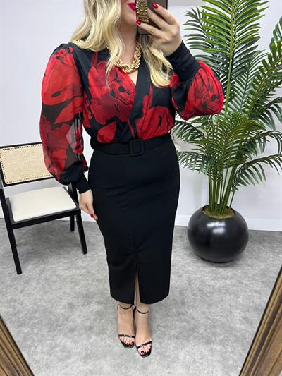 Şifon Gömlek Detaylı Kalem Elbise Kirmizi