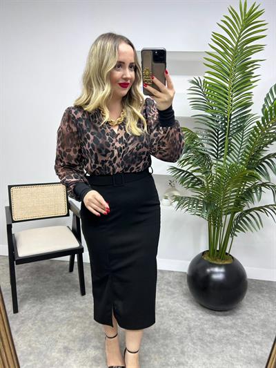 Şifon Gömlek Detaylı Kalem Elbise Leopar