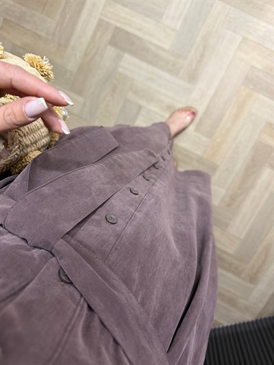 Simay Fisto Detay Düğmeli Cupra Tensel Elbise Kahverengi