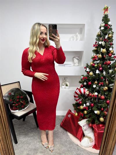 Simli Triko Bel Detaylı Elbise Kirmizi