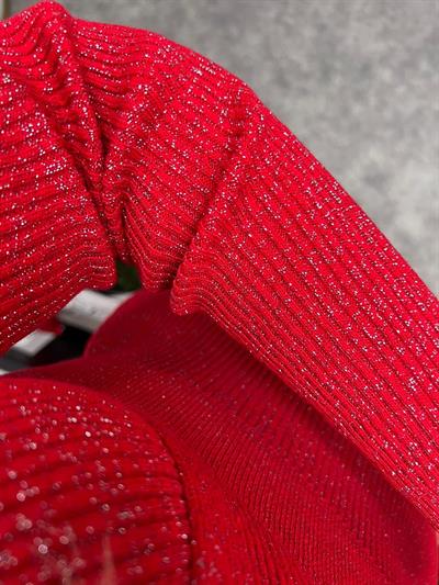 Simli Triko Bel Detaylı Elbise Kirmizi