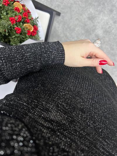 Simli Triko Bel Detaylı Elbise Siyah