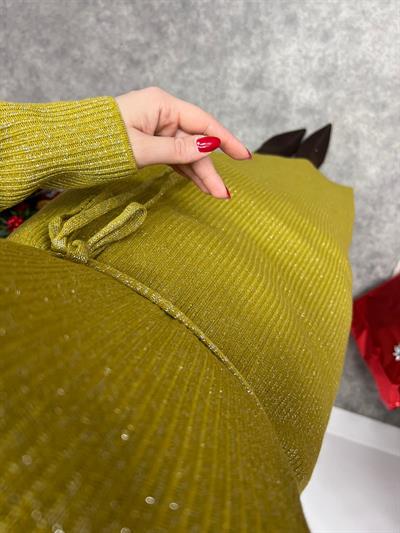 Simli Triko Elbise Yağ Yeşili