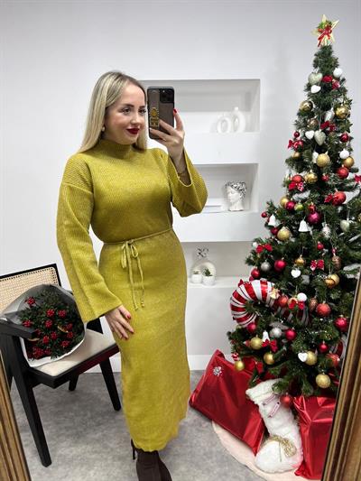 Simli Triko Elbise Yağ Yeşili