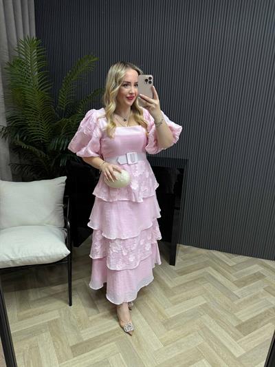 Sindirella Kare Yaka Katkat Tasarım Elbise Pembe