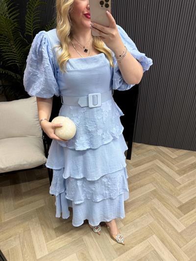 Sindirella Kare Yaka Katkat Tasarım Elbise Mavi