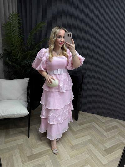 Sindirella Kare Yaka Katkat Tasarım Elbise Pembe