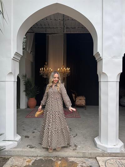 Siyah Bej Desenli Pamuk Keten Gömlek Elbise