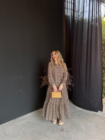 Siyah Bej Desenli Pamuk Keten Gömlek Elbise