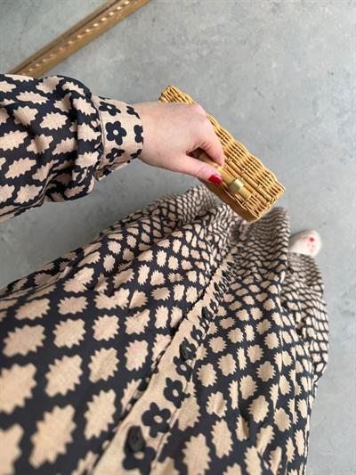 Siyah Bej Desenli Pamuk Keten Gömlek Elbise