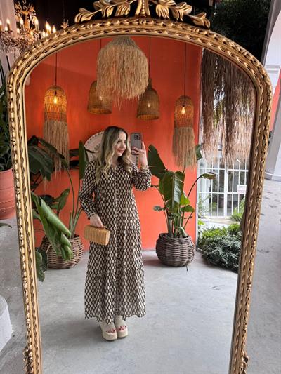 Siyah Bej Desenli Pamuk Keten Gömlek Elbise