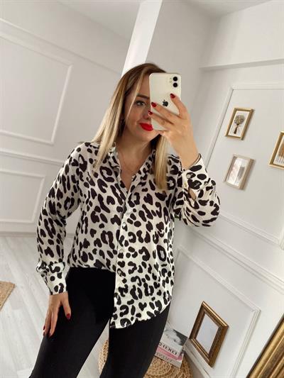 Siyah Beyaz İpek Saten Desenli Gömlek