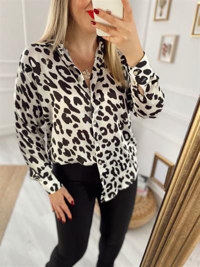 Siyah Beyaz İpek Saten Desenli Gömlek