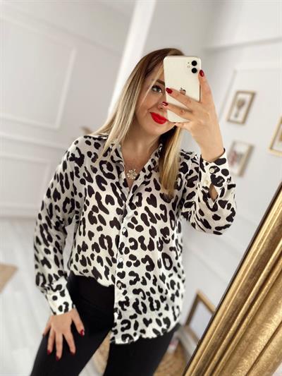 Siyah Beyaz İpek Saten Desenli Gömlek