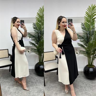 Siyah Beyaz Marka Model Bağlama Detaylı Elbise