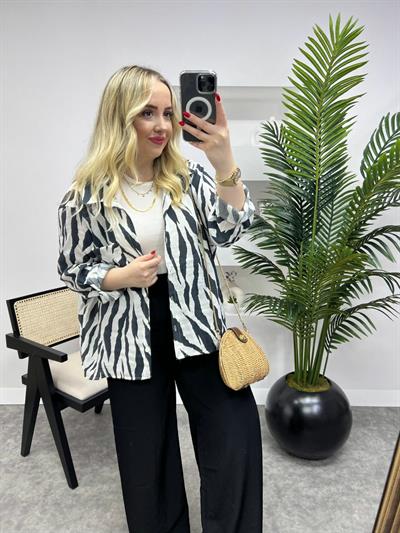 Siyah Beyaz Zebra Tensel Keten Gömlek