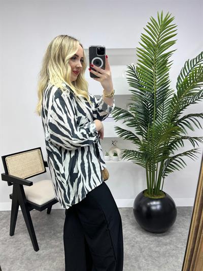 Siyah Beyaz Zebra Tensel Keten Gömlek