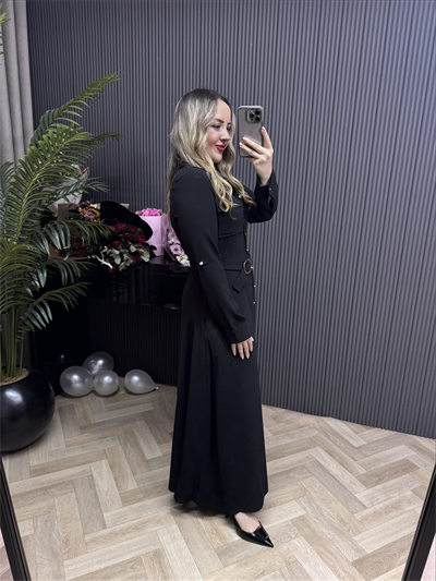 Siyah Gold Düğmeli Uzun Elbise