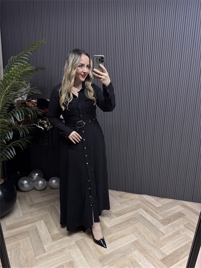 Siyah Gold Düğmeli Uzun Elbise