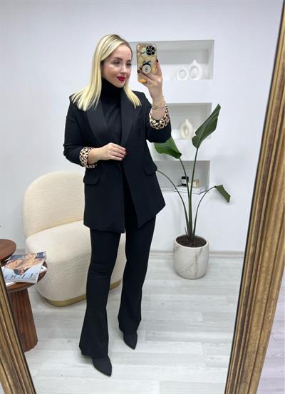 Siyah İçi Leopar Astarlı Blazer Ceket