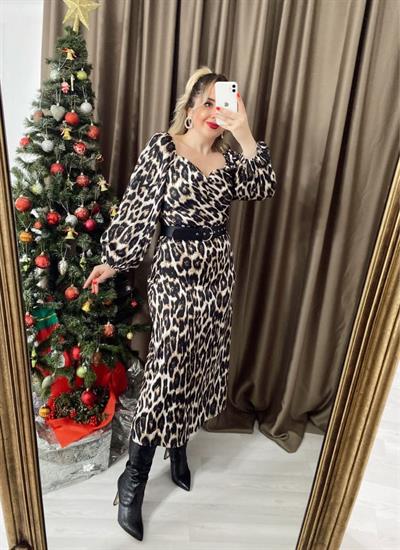 Siyah Leopar Desen Degaje Yaka Elbise