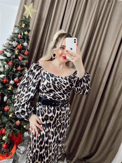 Siyah Leopar Desen Degaje Yaka Elbise