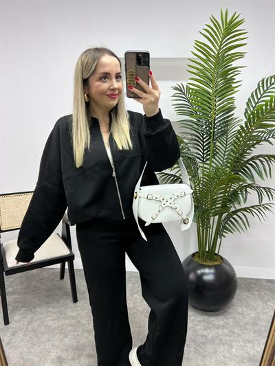 Siyah Önü Dikiş Detaylı Pantolon Sweat Takım
