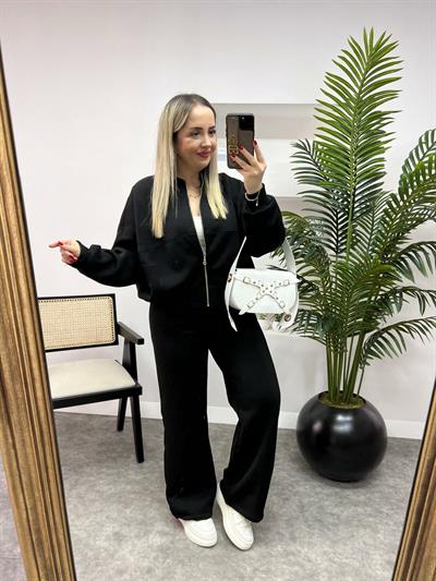 Siyah Önü Dikiş Detaylı Pantolon Sweat Takım