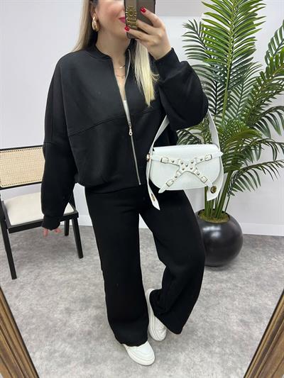 Siyah Önü Dikiş Detaylı Pantolon Sweat Takım