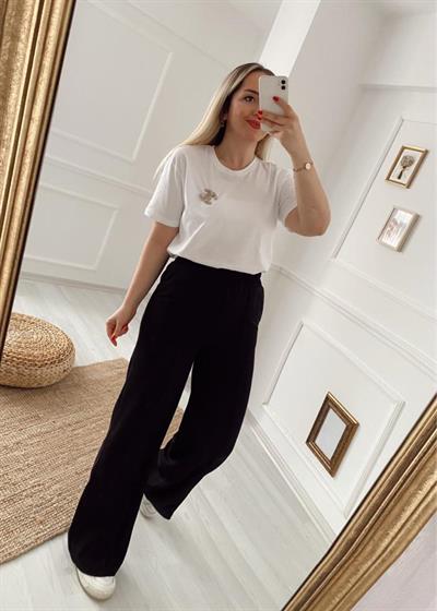 Siyah Renk Beli Lastikli Krep Kumaş Pantolon