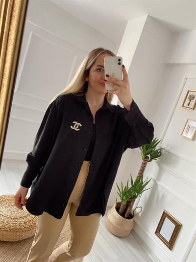 Siyah Tensel Kumaş Salaş Gömlek