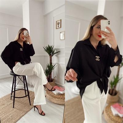 Siyah Tensel Kumaş Salaş Gömlek