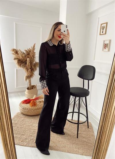 Siyah Tül Kaz Ayaği Detay Gömlek