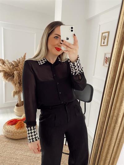 Siyah Tül Kaz Ayaği Detay Gömlek