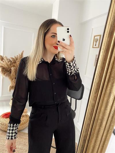 Siyah Tül Kaz Ayaği Detay Gömlek