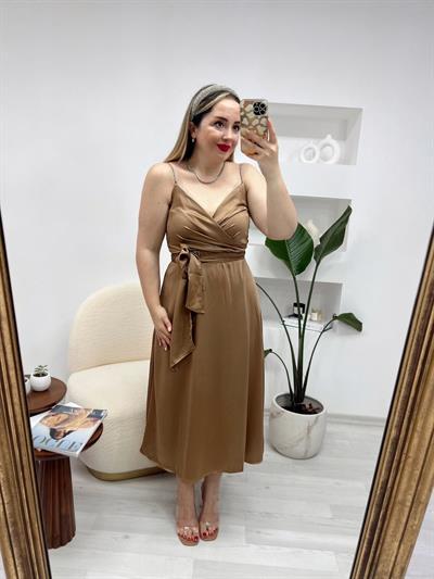 Taş Askılı Siyah Kuşaklı Saten Elbise Bronz