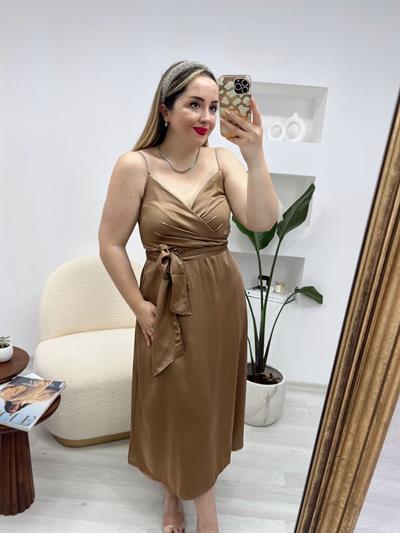 Taş Askılı Siyah Kuşaklı Saten Elbise Bronz