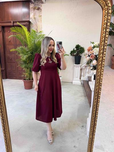 Taşlı Fiyonk Aksesuarlı Balon Kol Elbise Bordo