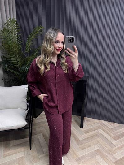 Taşlı Premium Tensel Takım Bordo