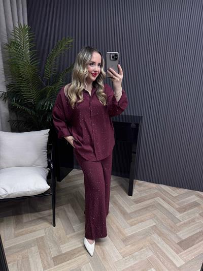 Taşlı Premium Tensel Takım Bordo