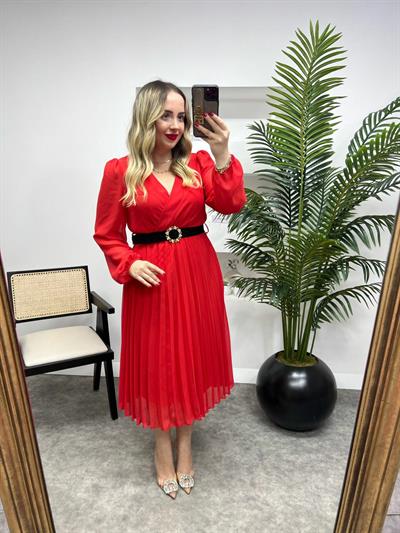 Taşlı Siyah Kemerli Şifon Elbise Kırmızı