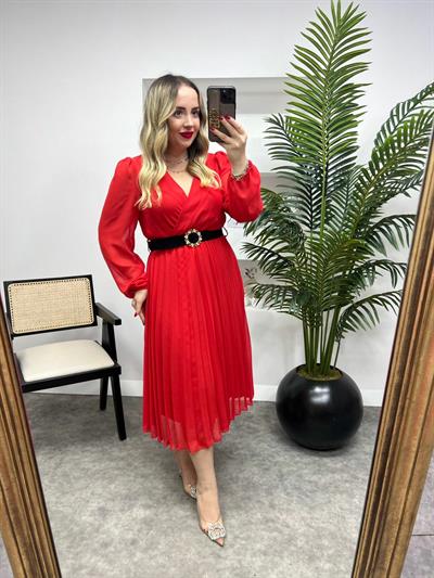 Taşlı Siyah Kemerli Şifon Elbise Kırmızı