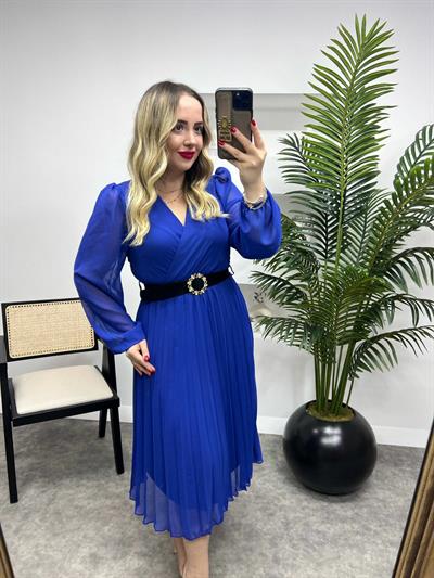 Taşlı Siyah Kemerli Şifon Elbise Saks Mavi