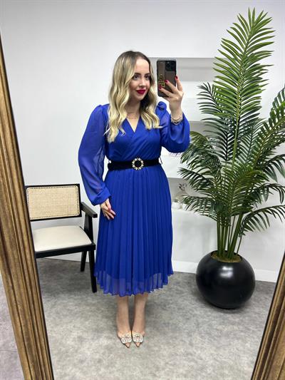 Taşlı Siyah Kemerli Şifon Elbise Saks Mavi